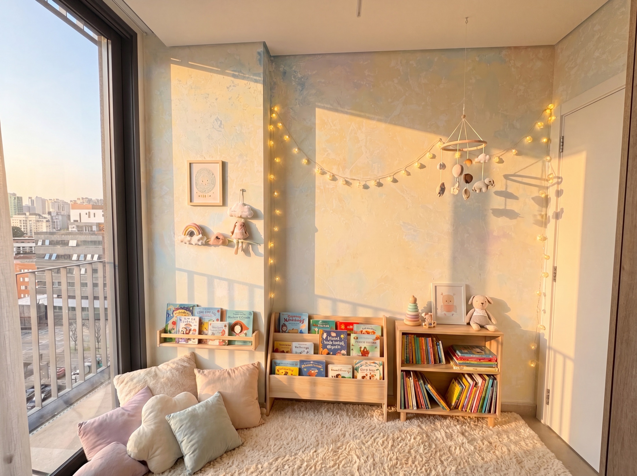 Quarto de bebê com mural em tons pastel azul, creme e branco, luz de cordão
