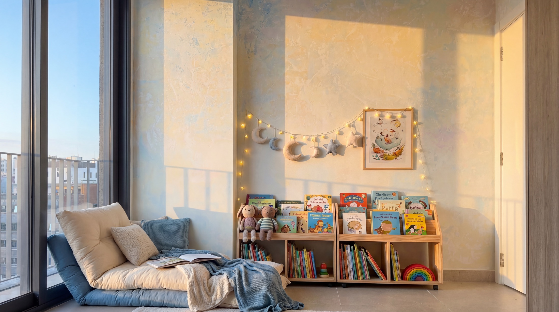 Cantinho de leitura infantil com mural em céu de algodão, tons pastel e luz dourada