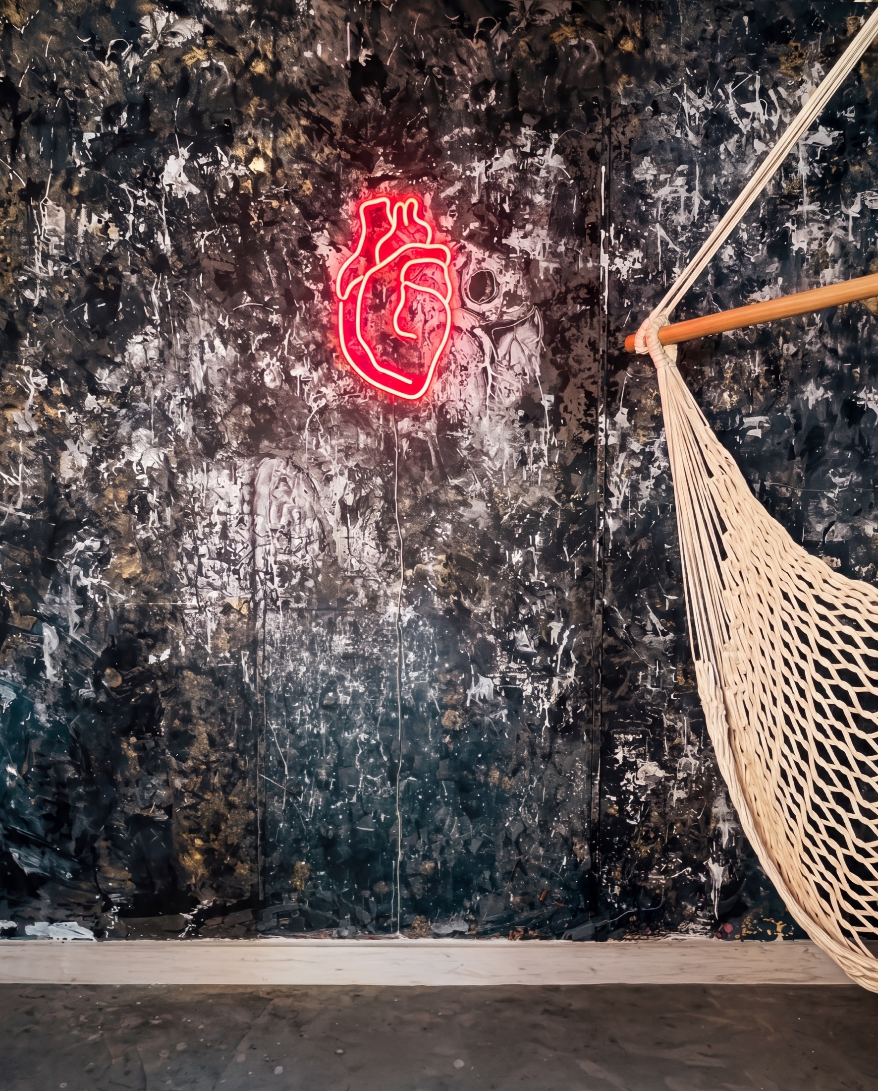 Detalhe do coração de neon sobre a composição da parede